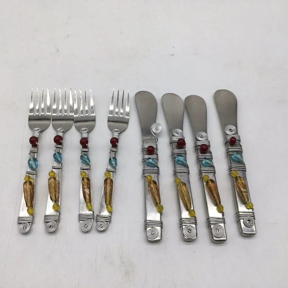 Vtg Beaded Wire Wrapped  Appetizer Cheese Fork Knife Spreaders Set Of 8 India